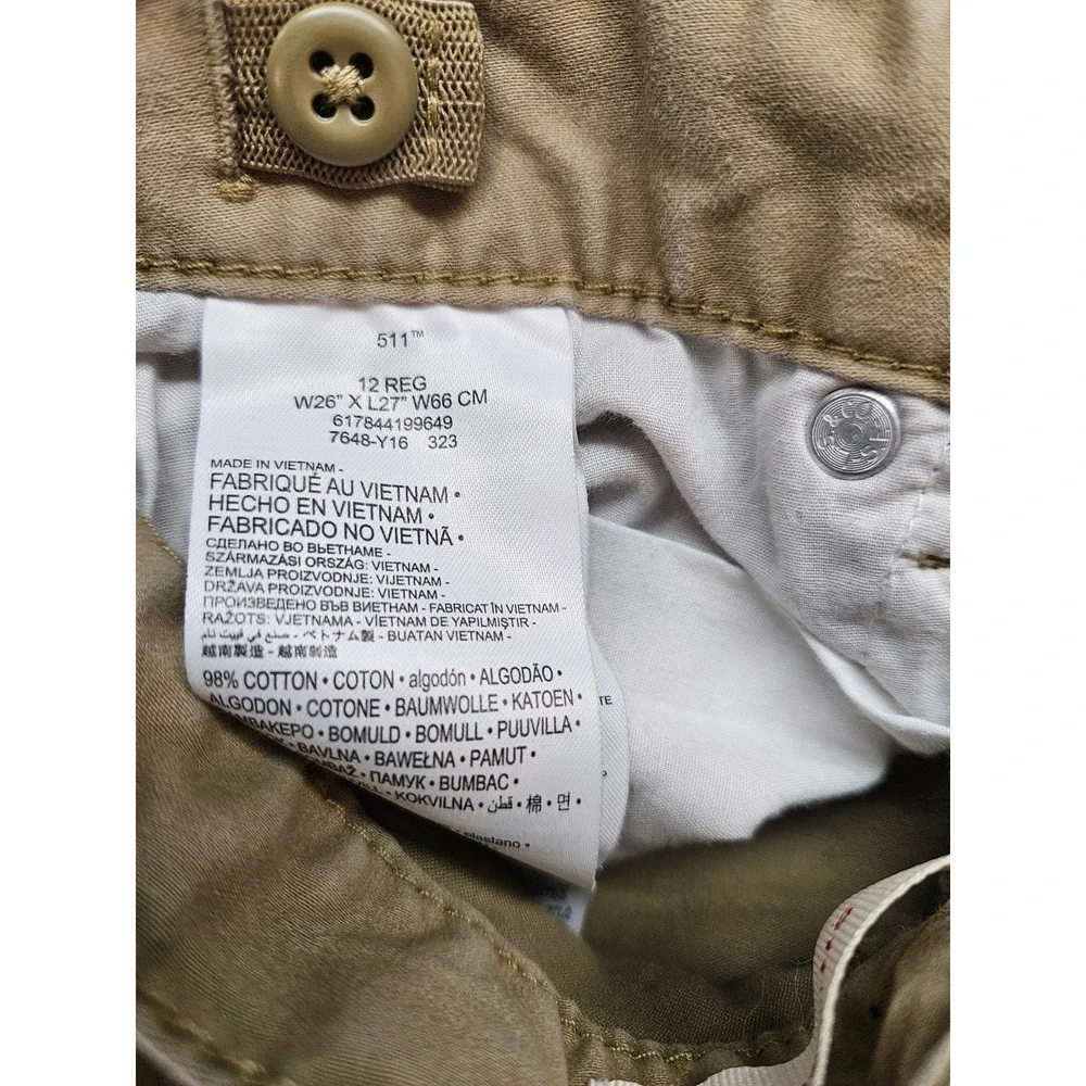 Levis 511 Slim Boys Khaki Tan Chino Pants Size 12 Reg 26x27 Adjustable Waist